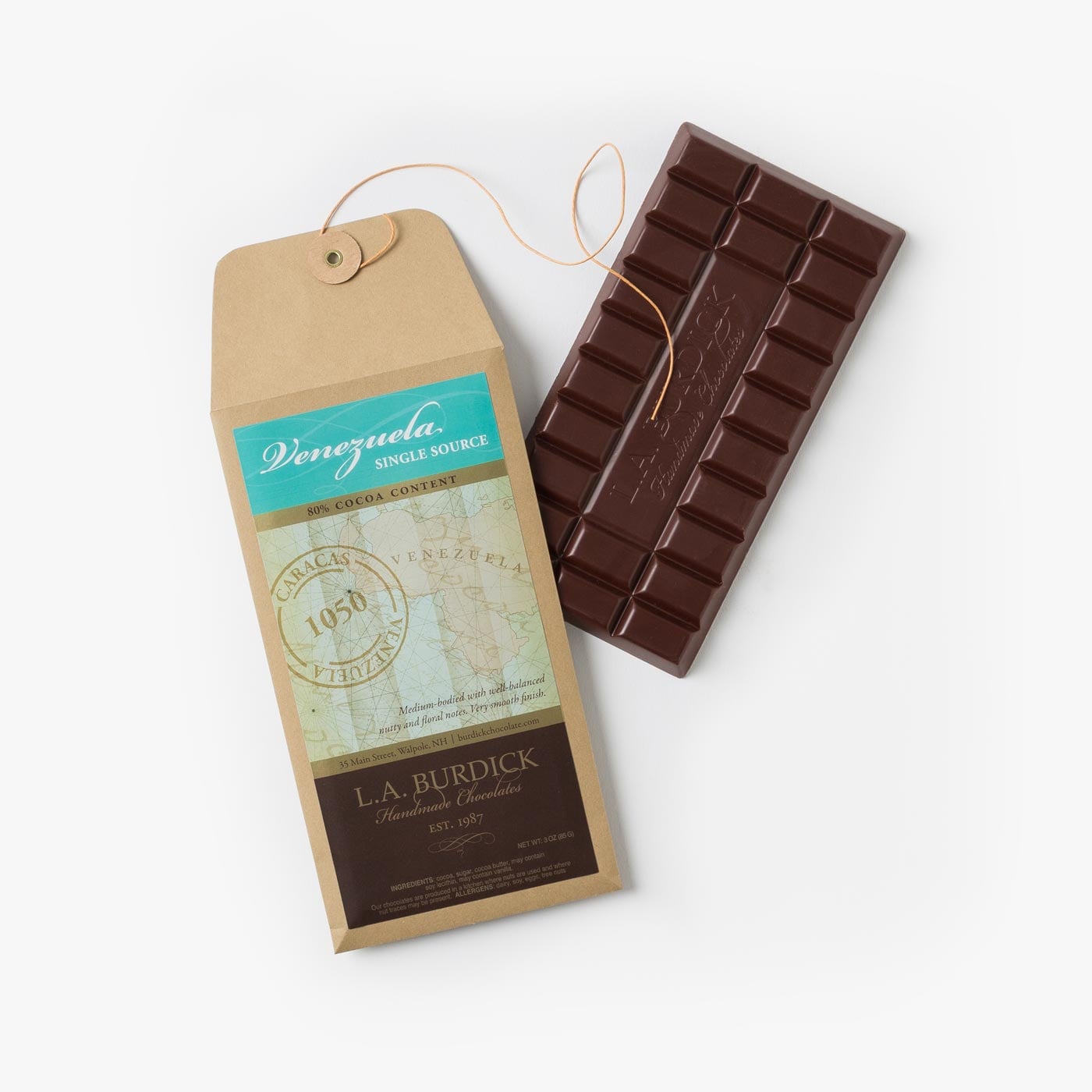 Single Source Venezuela Dark Chocolate Candy Bar 80%. Our highest cocoa content bar, yet it is beautifully balanced and graceful, featuring a rich nutty note. 80% cocoa content.